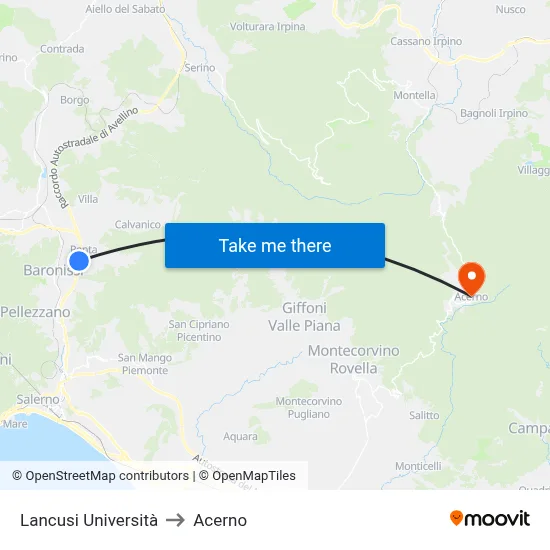 Lancusi University to Acerno map