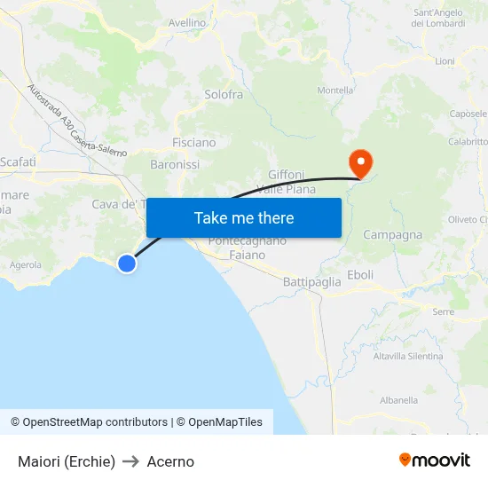 Maiori (Erchie) to Acerno map