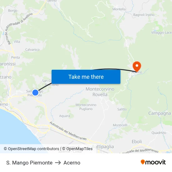 S. Mango Piemonte to Acerno map