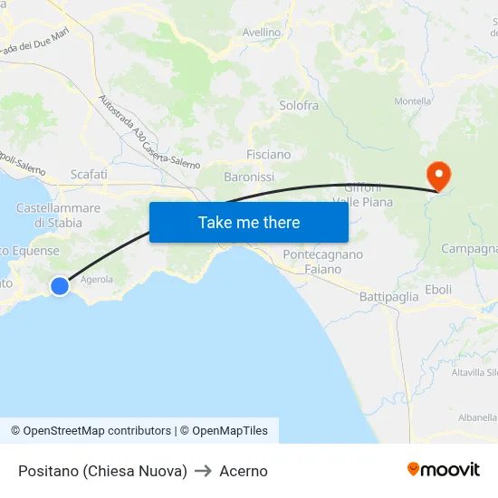 Positano (New Church) to Acerno map