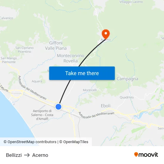 Bellizzi to Acerno map