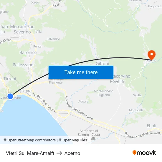 Vietri Sul Mare-Amalfi to Acerno map