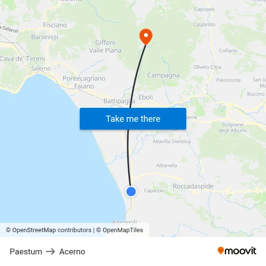 Paestum to Acerno map