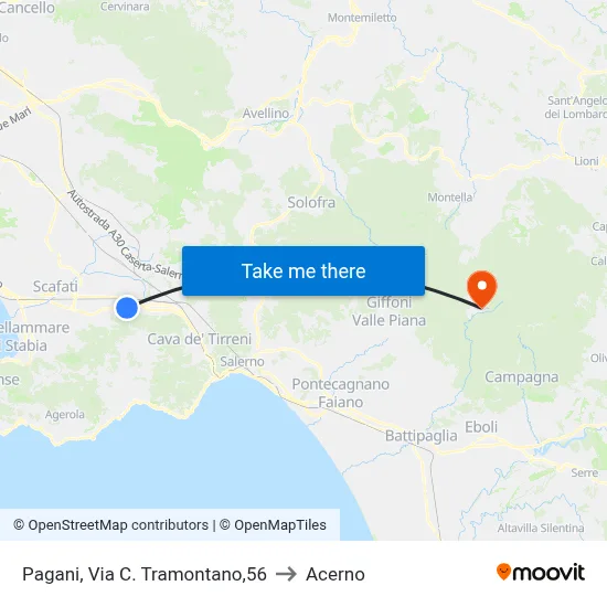 Pagani, C. Tramontano Street, 56 to Acerno map