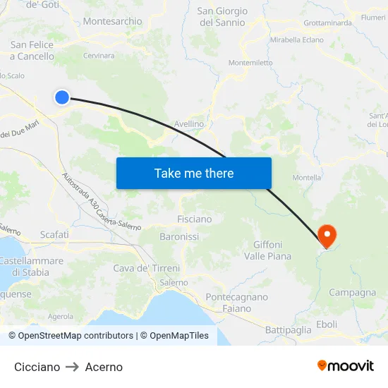 Cicciano to Acerno map