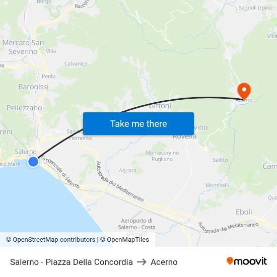 Salerno - Concordia Square to Acerno map
