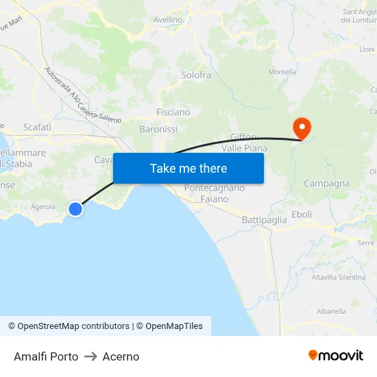 Amalfi Port to Acerno map