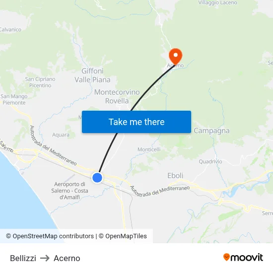 Bellizzi to Acerno map