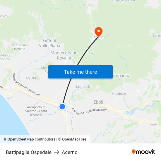 Battipaglia Hospital to Acerno map