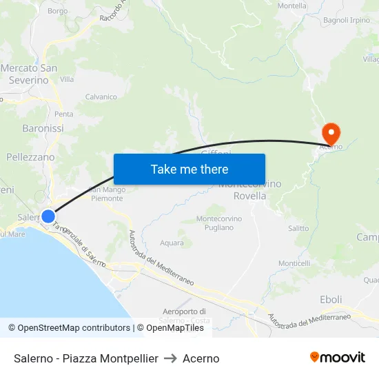 Salerno - Montpellier Square to Acerno map