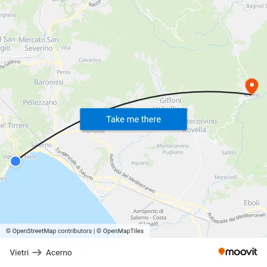Vietri to Acerno map