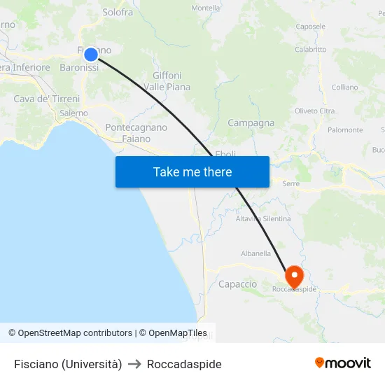 Fisciano (Università) to Roccadaspide map