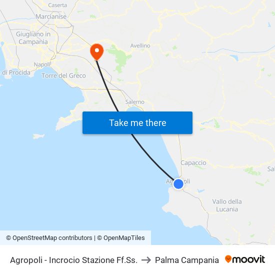 Agropoli - Incrocio Stazione Ff.Ss. to Palma Campania map