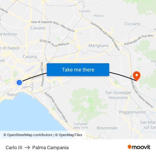 Carlo III to Palma Campania map