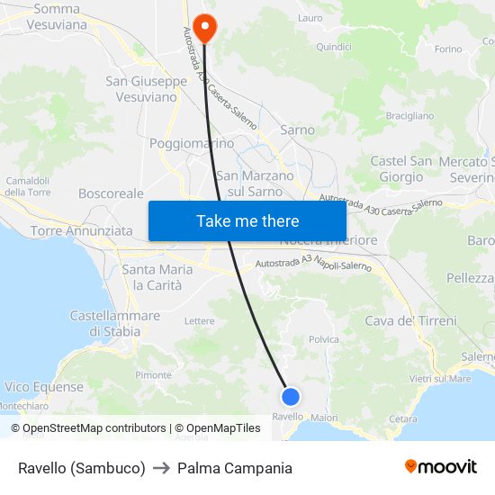 Ravello (Sambuco) to Palma Campania map