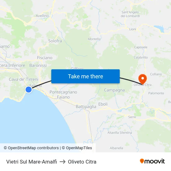 Vietri Sul Mare-Amalfi to Oliveto Citra map