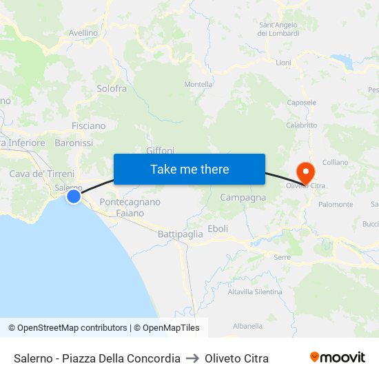 Salerno - Piazza Della Concordia to Oliveto Citra map