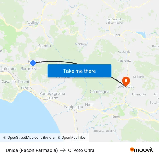 Unisa (Faculty of Pharmacy) to Oliveto Citra map