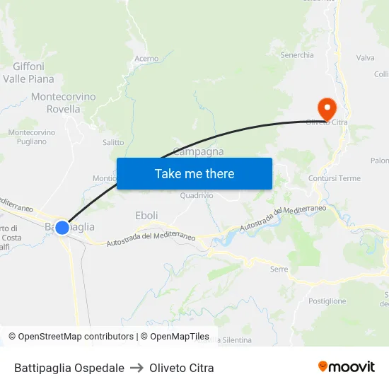 Battipaglia Hospital to Oliveto Citra map