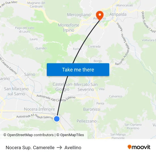 Upper Nocera Camerelle to Avellino map