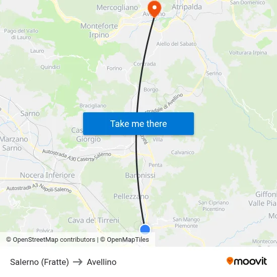 Salerno (Fratte) to Avellino map