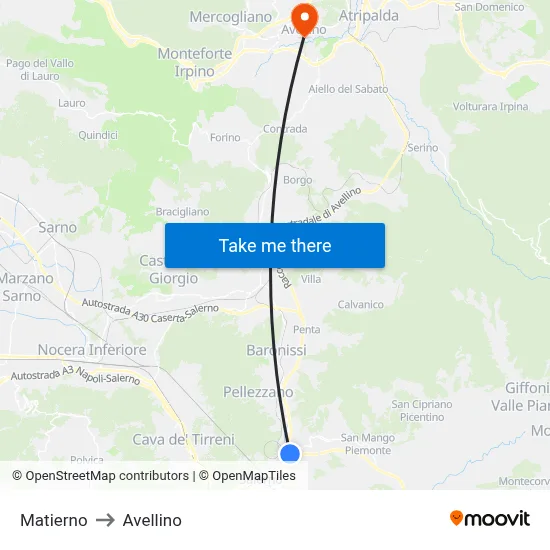 Matierno to Avellino map