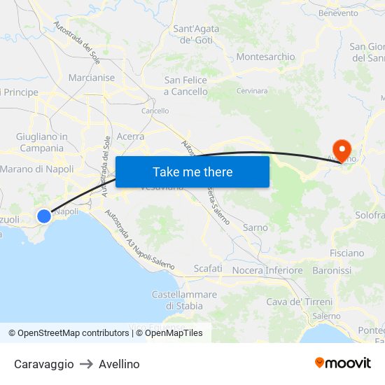 Caravaggio to Avellino map