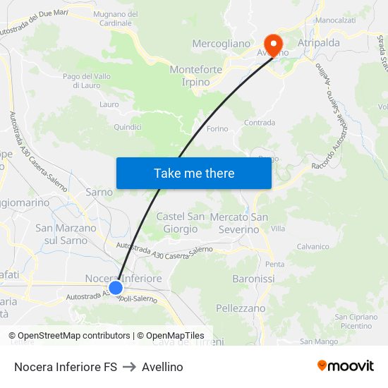 Nocera Inferiore FS to Avellino map