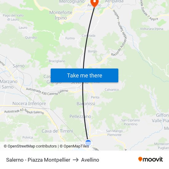 Salerno - Piazza Montpellier to Avellino map