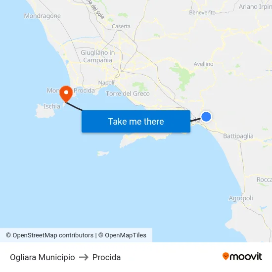 Ogliara Town Hall to Procida map