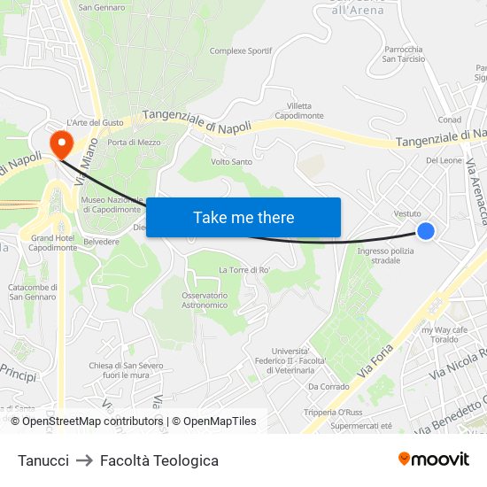 Tanucci to Facoltà Teologica map