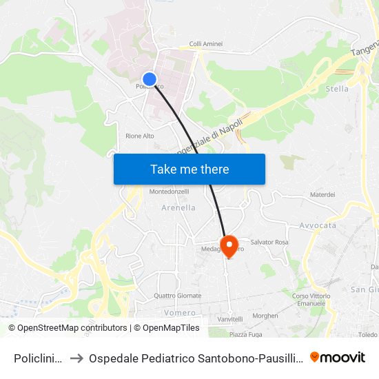 Policlinico to Ospedale Pediatrico Santobono-Pausillipon map