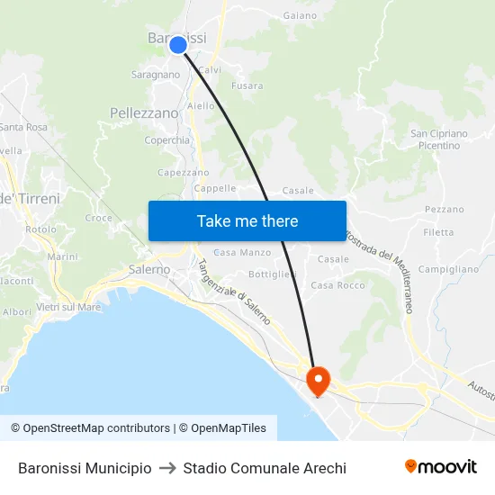 Baronissi Town Hall to Arechi Municipal Stadium map