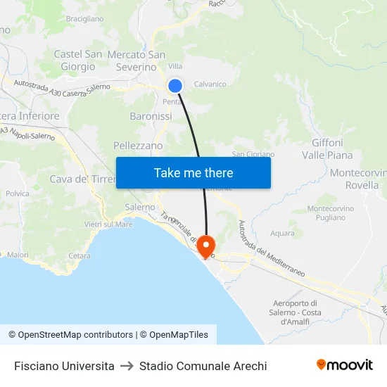 Fisciano Universita to Stadio Comunale Arechi map