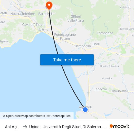 Asl Agropoli to Unisa - Università Degli Studi Di Salerno - Campus Di Fisciano map