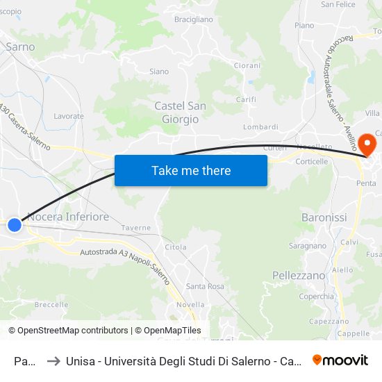 Pagani to Unisa - Università Degli Studi Di Salerno - Campus Di Fisciano map