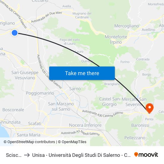 Scisciano to Unisa - Università Degli Studi Di Salerno - Campus Di Fisciano map