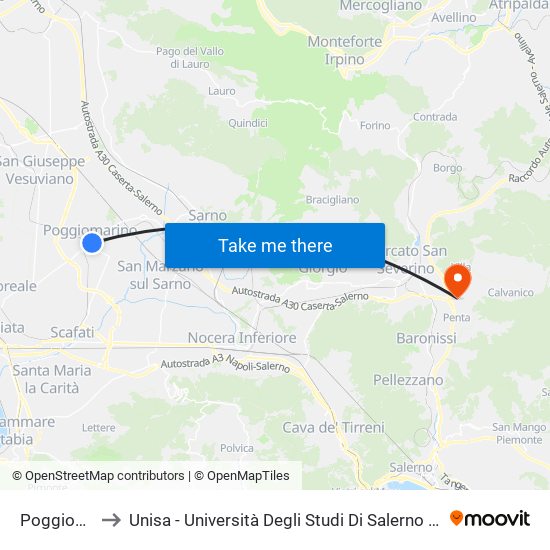 Poggiomarino to Unisa - Università Degli Studi Di Salerno - Campus Di Fisciano map