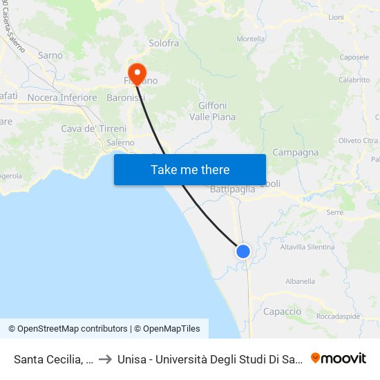 Santa Cecilia, Distributore to Unisa - Università Degli Studi Di Salerno - Campus Di Fisciano map