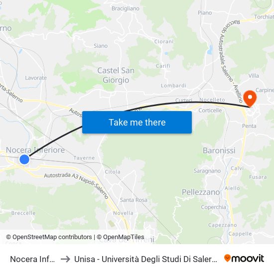 Nocera Inferiore FS to Unisa - Università Degli Studi Di Salerno - Campus Di Fisciano map