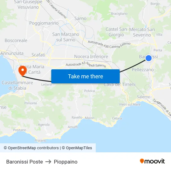 Baronissi Post Office to Pioppaino map