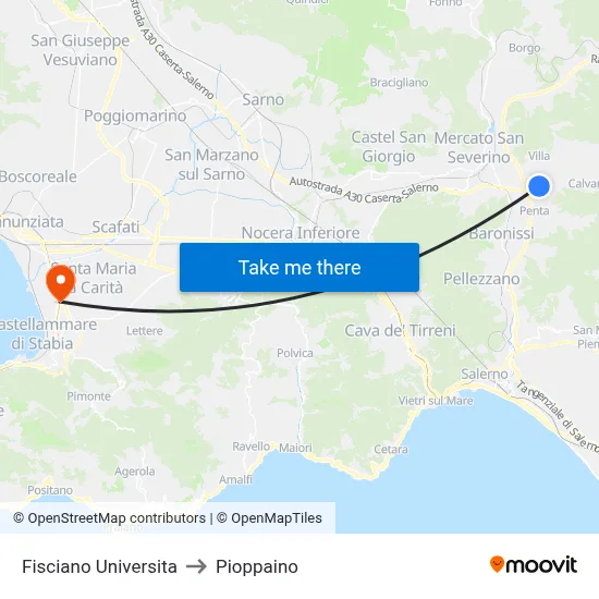 Fisciano University to Pioppaino map
