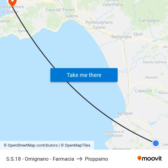 Highway 18 - Omignano - Pharmacy to Pioppaino map