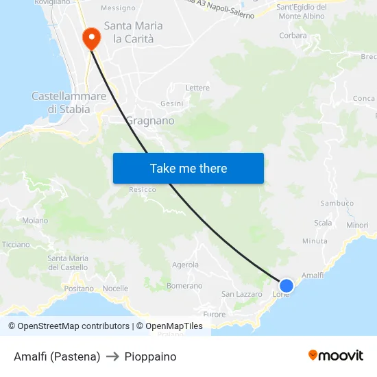 Amalfi (Pastena) to Pioppaino map