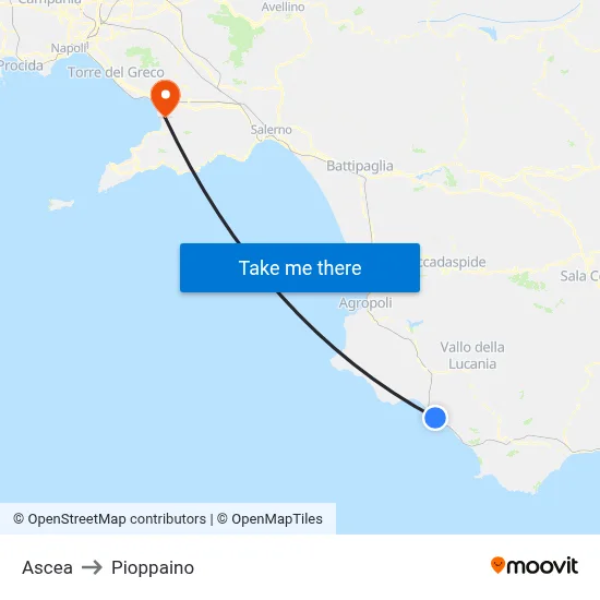 Ascea to Pioppaino map