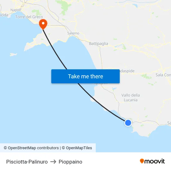Pisciotta-Palinuro to Pioppaino map