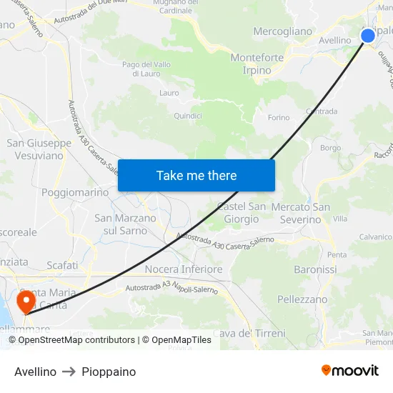 Avellino to Pioppaino map