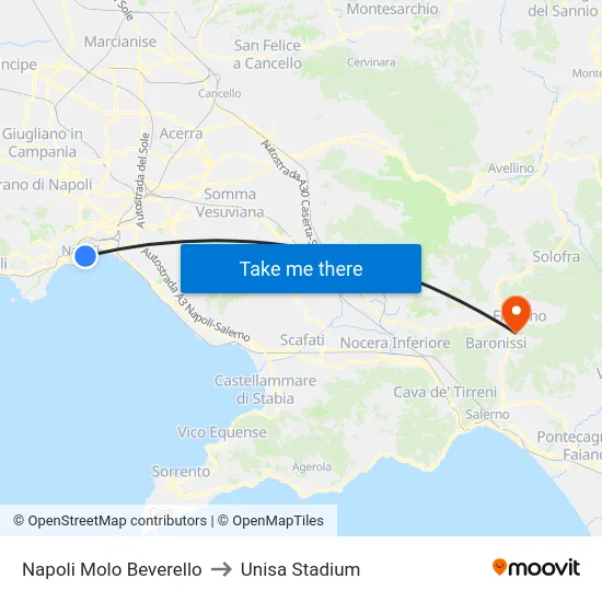 Napoli Molo Beverello to Unisa Stadium map
