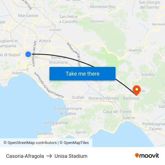 Casoria-Afragola to Unisa Stadium map