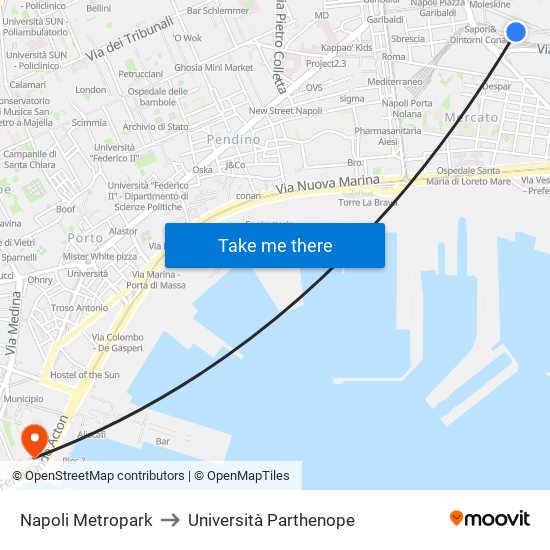 Napoli Metropark to Università Parthenope map